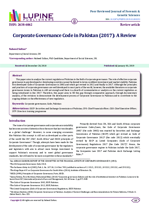 (PDF) Corporate Governance Code in Pakistan (2017): A Review
