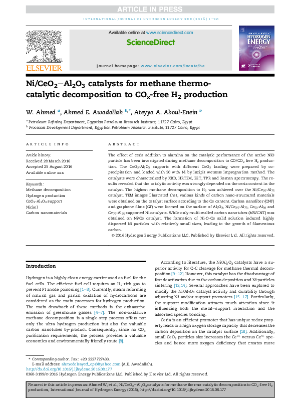 (PDF) Ni/CeO2–Al2O3 catalysts for methane thermo-catalytic ...