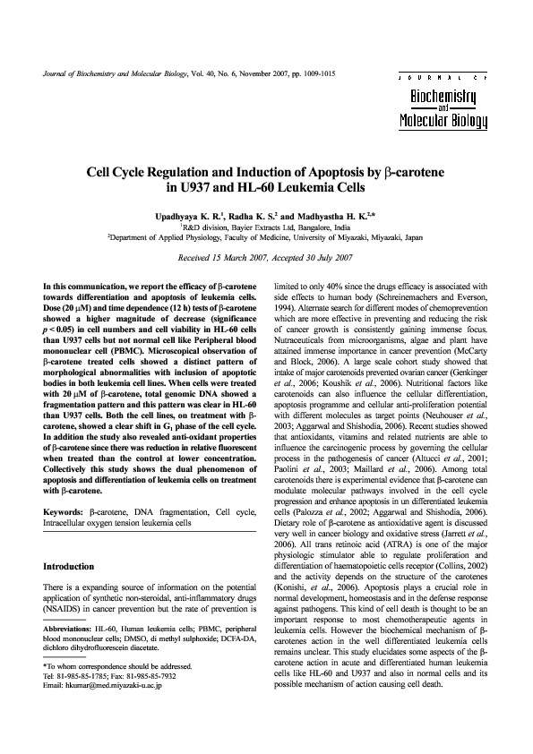(PDF) Cell Cycle Regulation and Induction of Apoptosis by β-carotene in ...