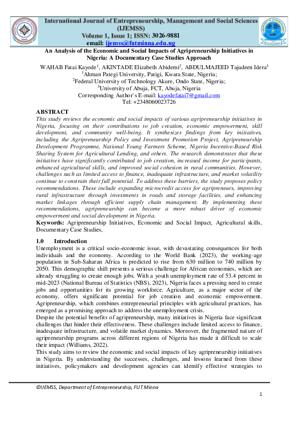 (PDF) An Analysis of the Economic and Social Impacts of Agripreneurship ...