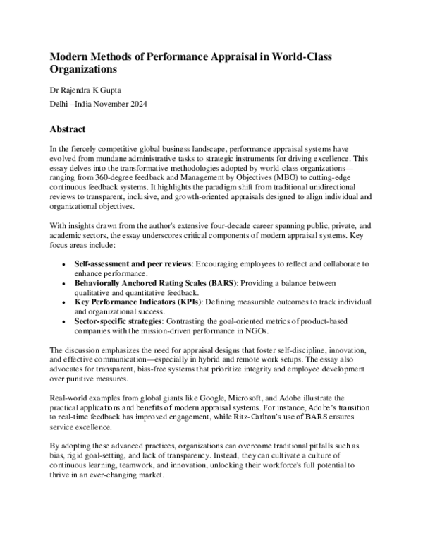 (PDF) Modern Performance Appraisal System in World Class Organizations