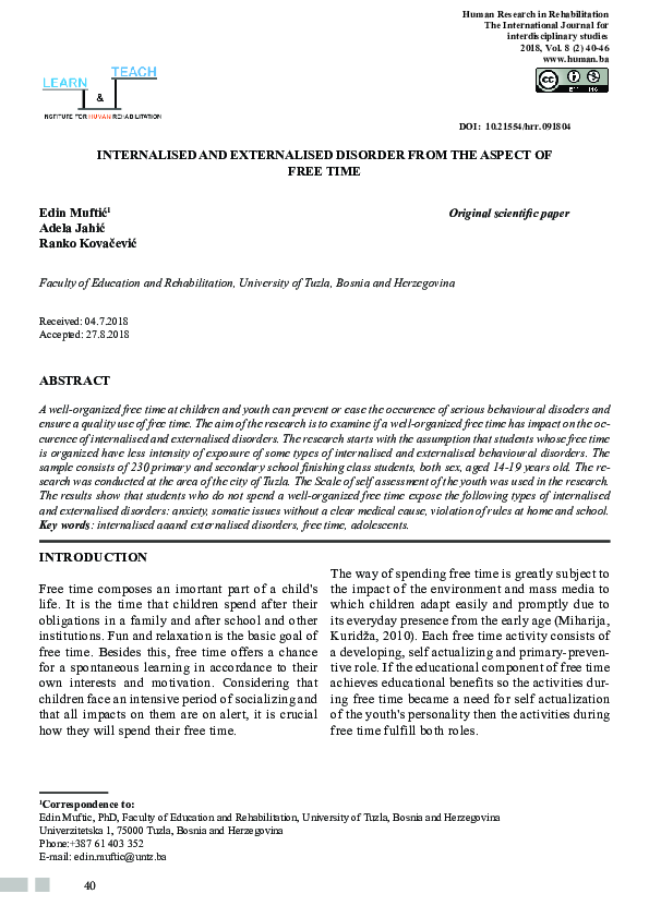 (PDF) Internalised and Externalised Disorder from the Aspect of Free Time