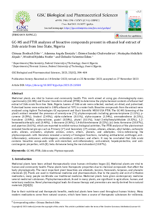 (PDF) GC-MS and FTIR analyses of bioactive compounds present in ethanol ...
