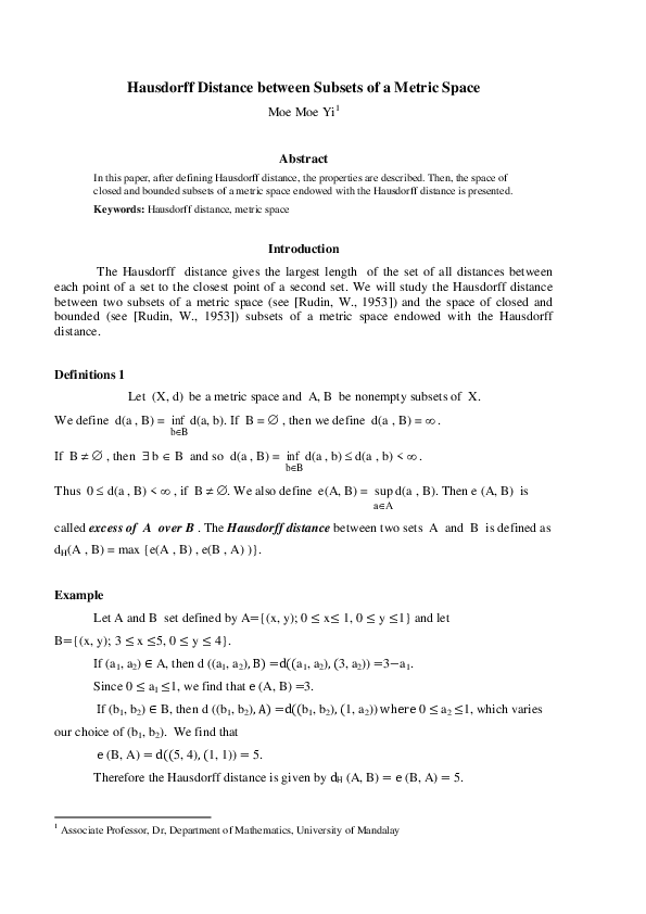(PDF) Hausdorff Distance between Subsets of a Metric Space (1)
