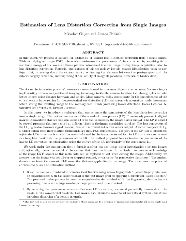 (PDF) Estimation of lens distortion correction from single images
