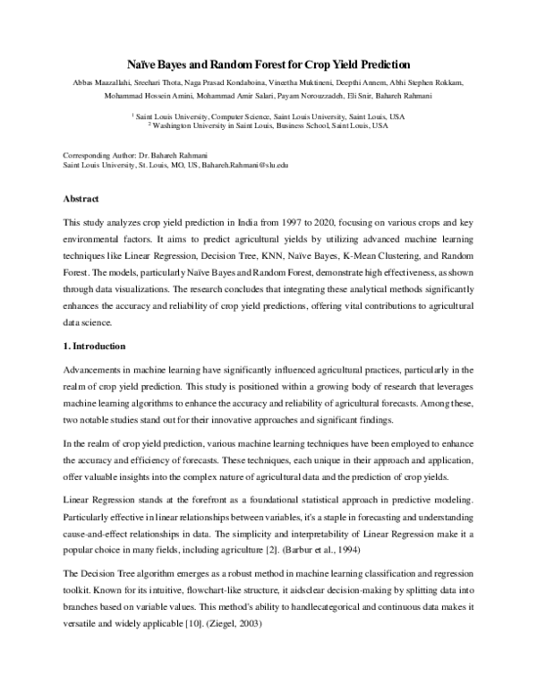 (PDF) Na\"ive Bayes and Random Forest for Crop Yield Prediction