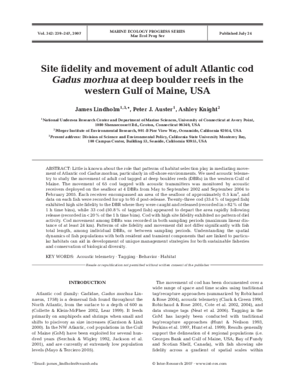 (PDF) Site fidelity and movement of adult Atlantic cod Gadus morhua at ...