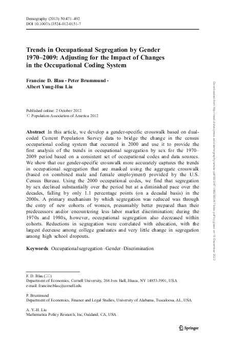 (PDF) Trends in Occupational Segregation by Gender 1970–2009: Adjusting ...