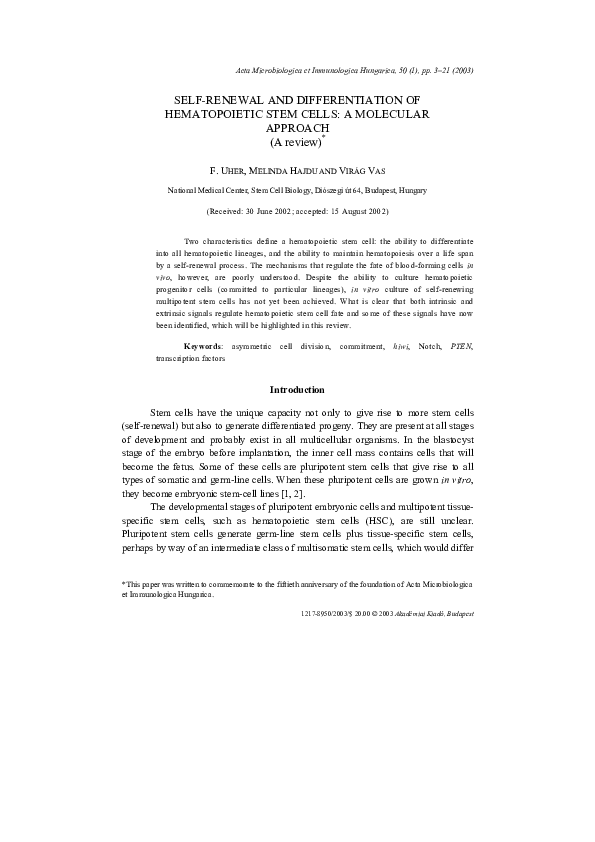 (PDF) Self-renewal and differentiation of hematopoietic stem cells: a ...