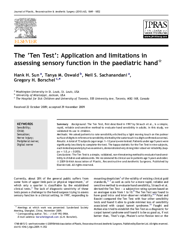 (PDF) The ‘Ten Test’: Application and limitations in assessing sensory ...