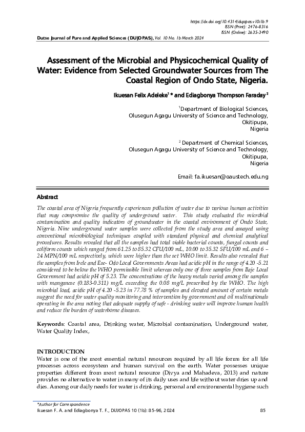 (PDF) Assessment of the Microbial and Physicochemical Quality of Water ...