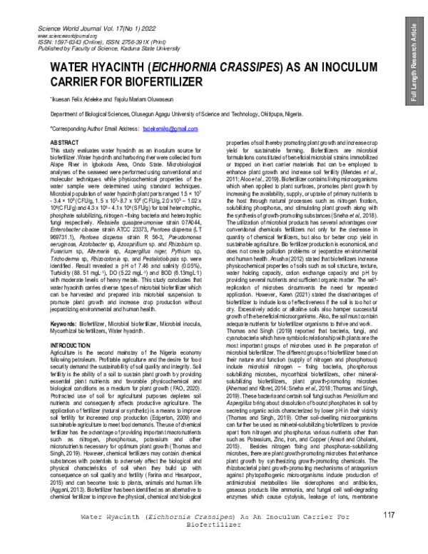 (PDF) WATER HYACINTH (EICHHORNIA CRASSIPES) AS AN INOCULUM CARRIER FOR ...