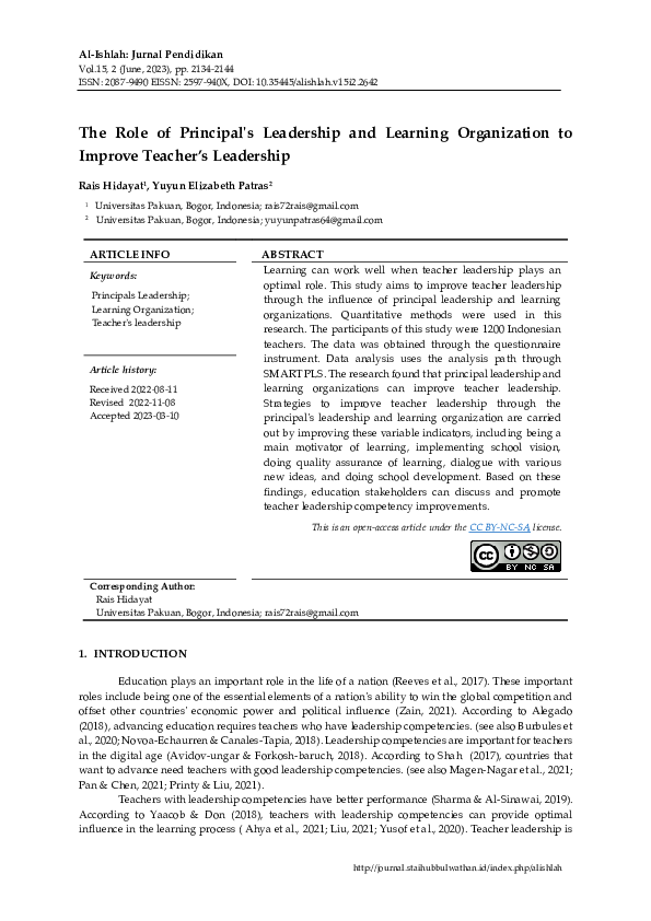(PDF) The Role of Principal's Leadership and Learning Organization to ...