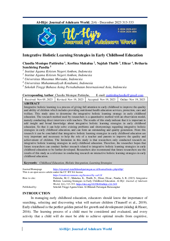 (PDF) Integrative Holistic Learning Strategies in Early Childhood Education