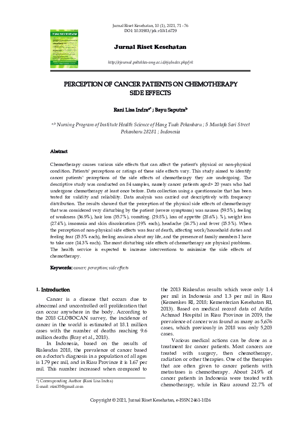 (PDF) Perception of Cancer Patients on Chemotherapy Side Effects