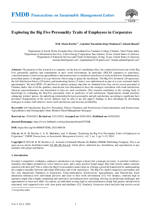 (PDF) Exploring the Big Five Personality Traits of Employees in Corporates