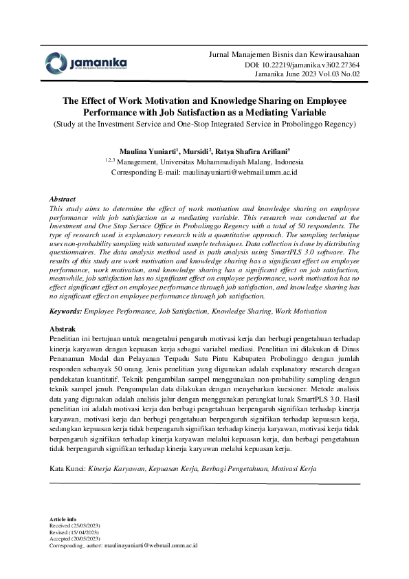 (PDF) The Effect of Work Motivation and Knowledge Sharing on Employee ...