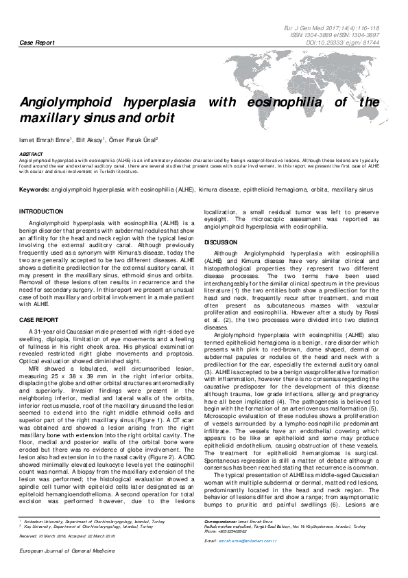 (PDF) Angiolymphoid hyperplasia with eosinophilia of the maxillary ...