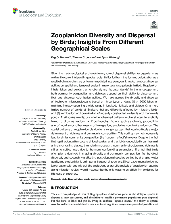 (PDF) Zooplankton Diversity and Dispersal by Birds; Insights From ...