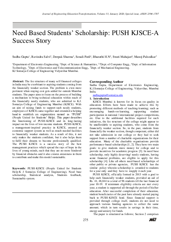 (PDF) Need Based Students' Scholarship: PUSH KJSCE - A Success Story
