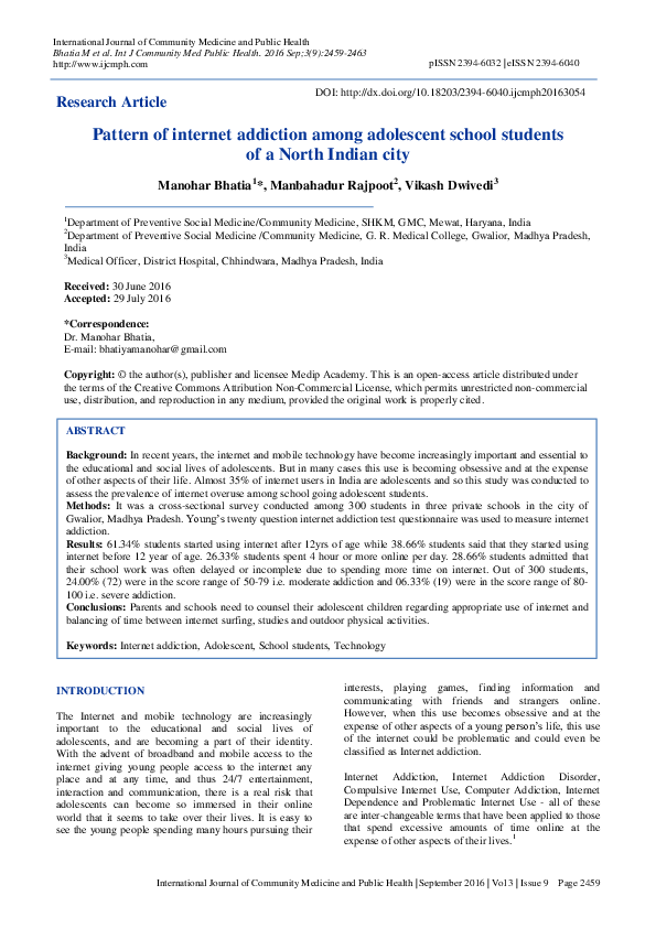 (PDF) Pattern of internet addiction among adolescent school students of ...