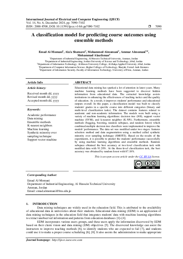 (PDF) A classification model for predicting course outcomes using ...
