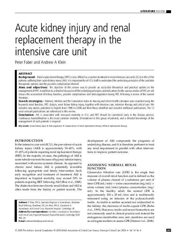 (PDF) Acute kidney injury and renal replacement therapy in the ...