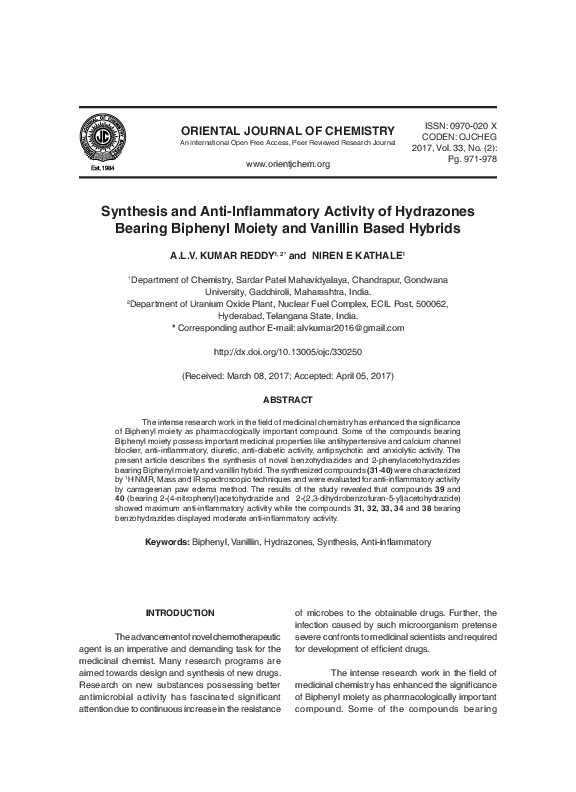 (PDF) Synthesis and Anti-Inflammatory Activity of Hydrazones Bearing ...