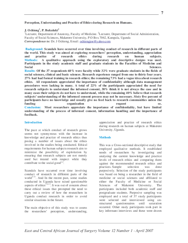 (PDF) Perception, understanding and practice of ethics during research ...