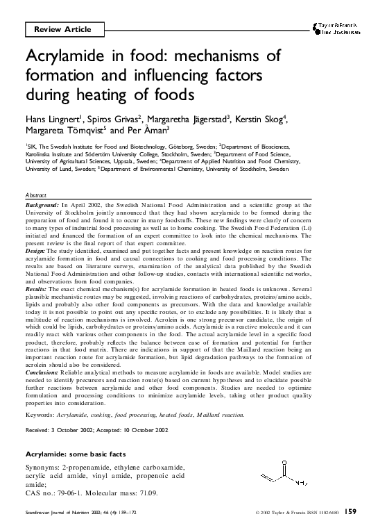(PDF) Acrylamide in food: mechanisms of formation and influencing ...