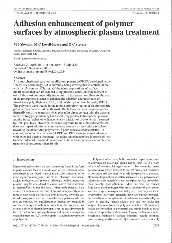 (PDF) Adhesion enhancement of polymer surfaces by atmospheric plasma ...