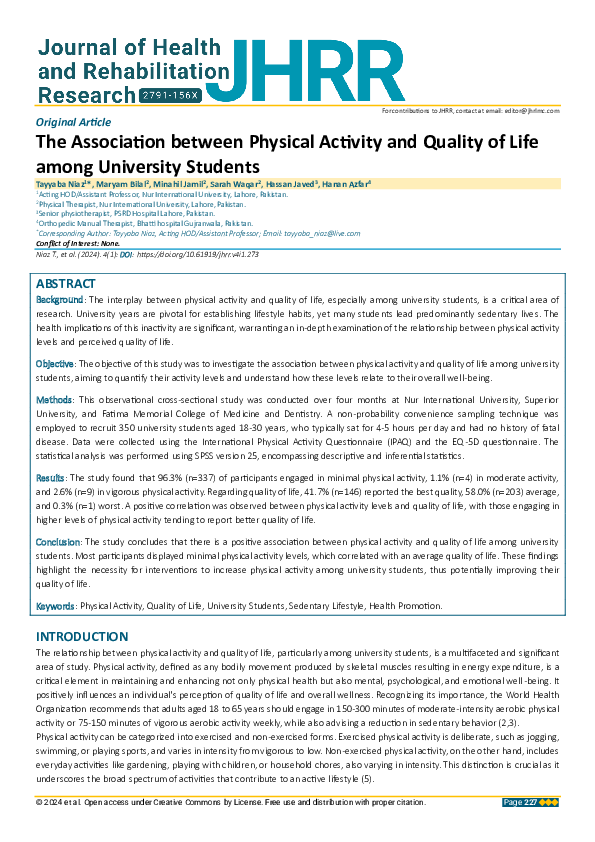 (PDF) The Association between Physical Activity and Quality of Life ...