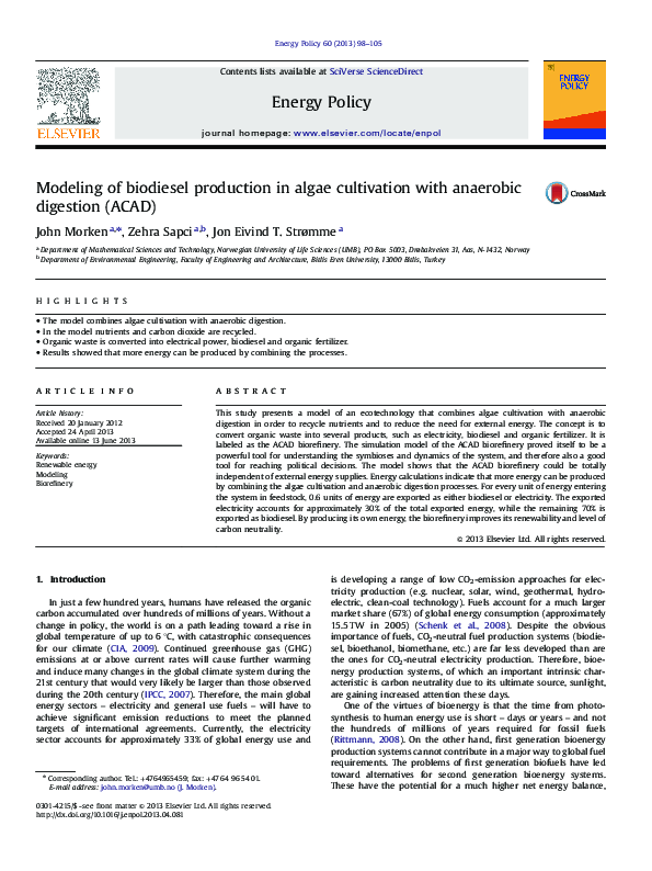 (PDF) Modeling of biodiesel production in algae cultivation with ...