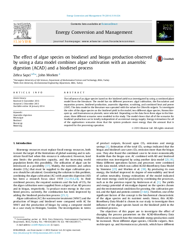(PDF) The effect of algae species on biodiesel and biogas production ...