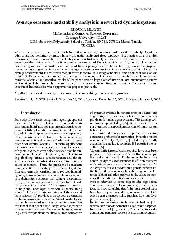 (PDF) Average Consensus and Stability Analysis in Networked Dynamic Systems