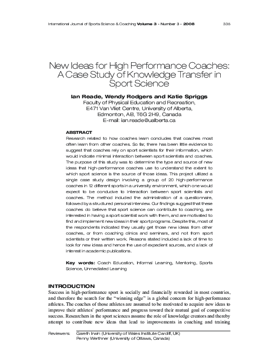 (PDF) New Ideas for High Performance Coaches: A Case Study of Knowledge ...