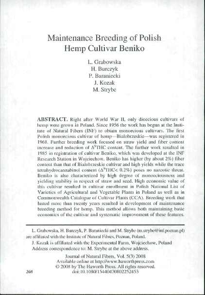 (PDF) Maintenance Breeding of Polish Hemp Cultivar Beniko