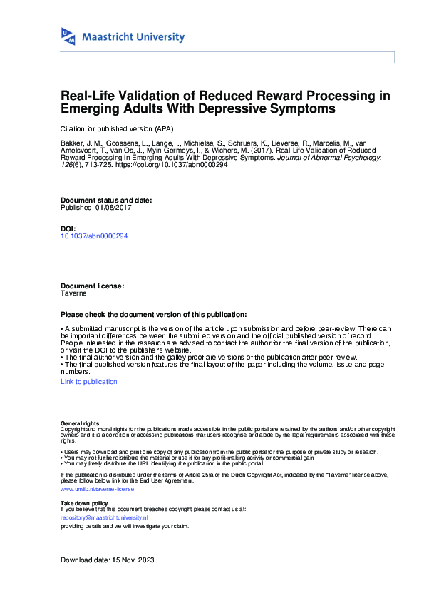 (PDF) Real-life validation of reduced reward processing in emerging ...