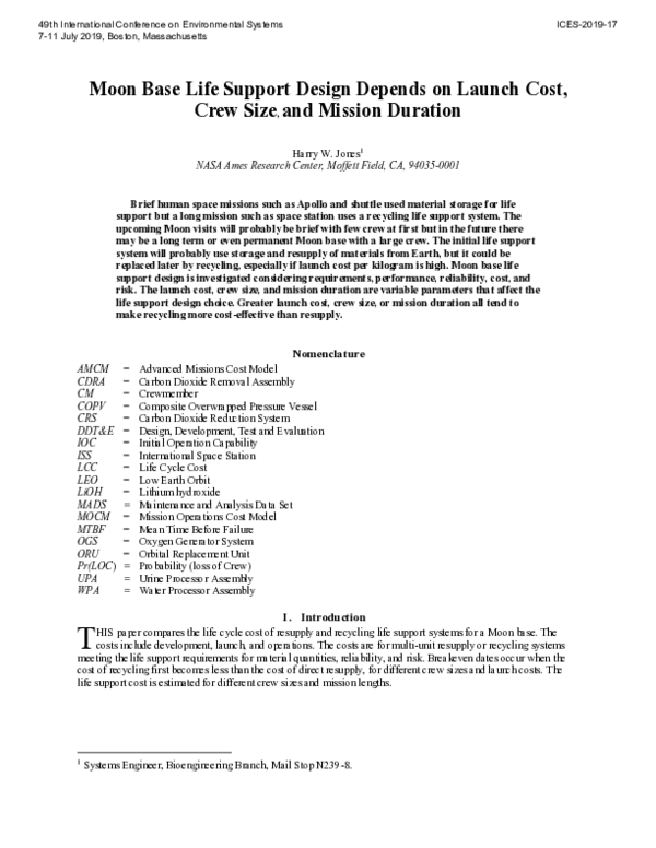 (PDF) Moon Base Life Support Design Depends on Launch Cost, Crew Size ...