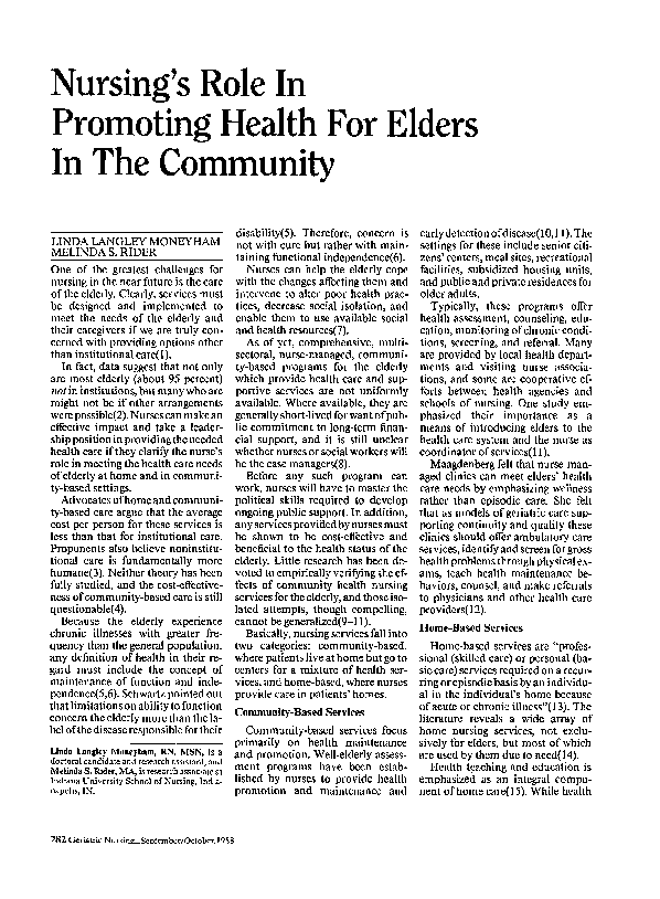 (PDF) Nursing's role in promoting health for elders in the community