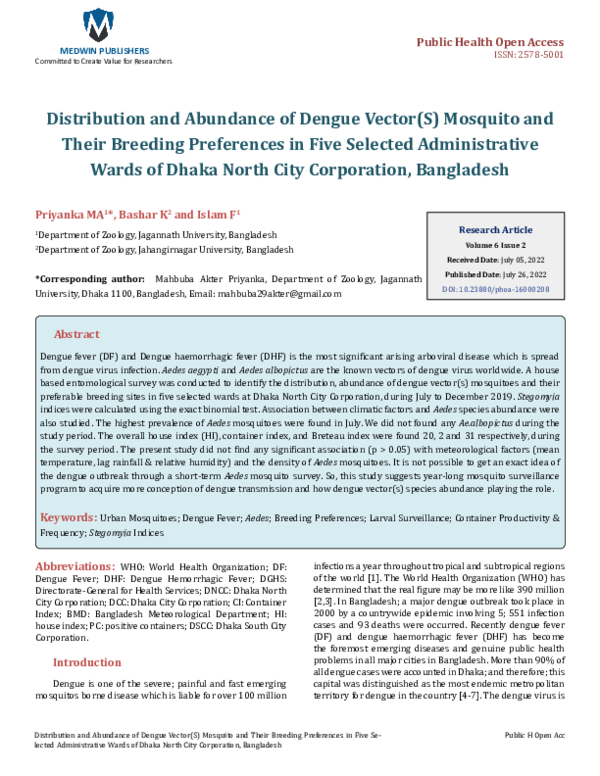 (PDF) Distribution and abundance of dengue vector s mosquito and their ...