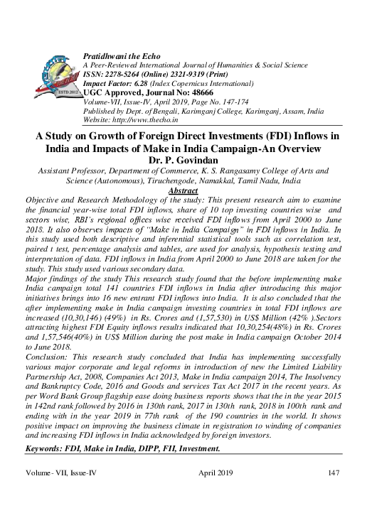 (PDF) A Study on Growth of Foreign Direct Investments (FDI) Inflows in ...