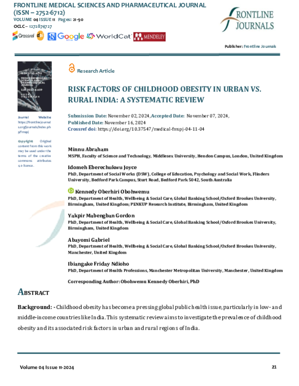 (PDF) RISK FACTORS OF CHILDHOOD OBESITY IN URBAN VS. RURAL INDIA: A ...