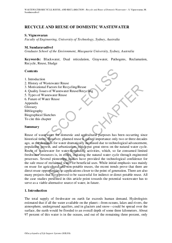 (PDF) Recycle and reuse of domestic wastewater
