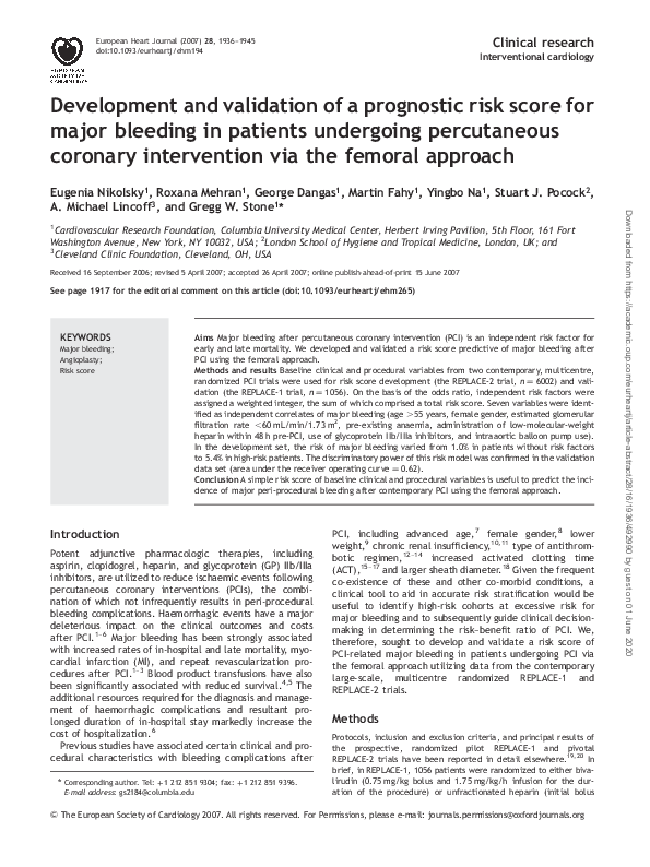 (PDF) Development and validation of a prognostic risk score for major ...