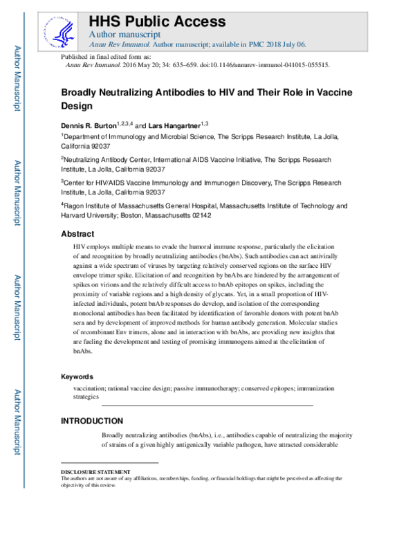 (PDF) Broadly Neutralizing Antibodies to HIV and Their Role in Vaccine ...