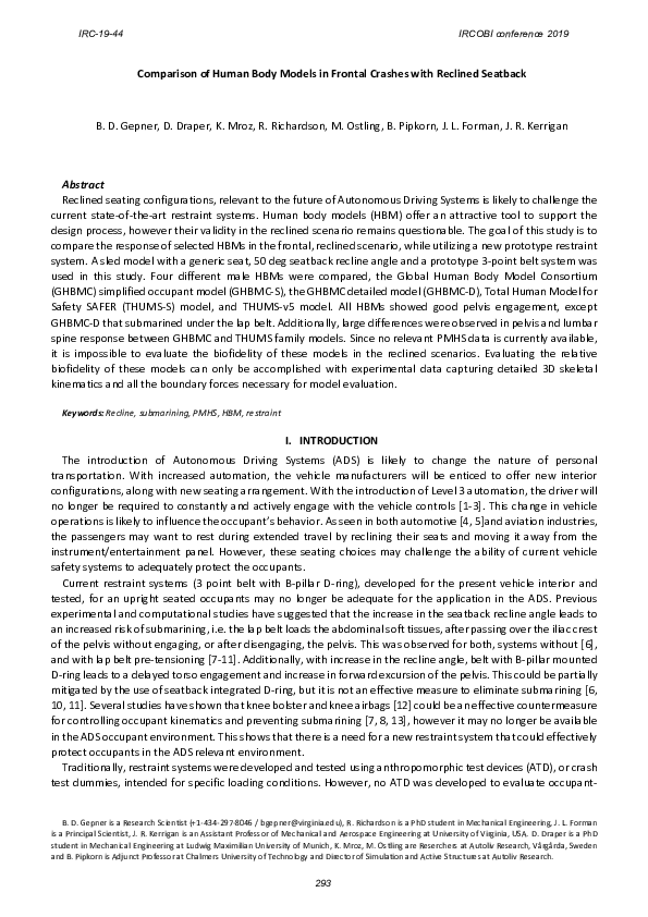 (PDF) Comparison of human body models in frontal crashes with reclined ...
