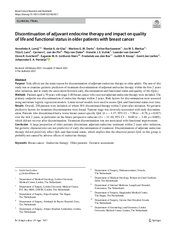 (PDF) Discontinuation of adjuvant endocrine therapy and impact on ...