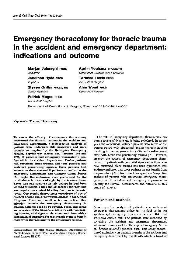 (PDF) Emergency thoracotomy for thoracic trauma in the accident and ...