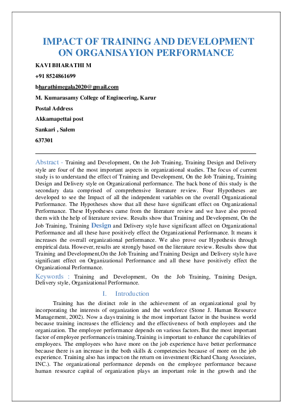 (PDF) IMPACT OF TRAINING AND DEVELOPMENT ON ORGANISAYION PERFORMANCE
